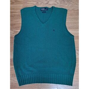 M Vintage Mens Polo Ralph Lauren Green Cotton V Neck Sweater Vest Preppy